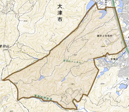 膳所上別保町とその周辺の地図。町の範囲を重ねている
