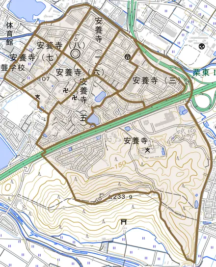 安養寺とその周辺の地図。町の範囲を重ねている