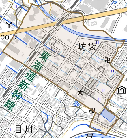 坊袋とその周辺の地図。町の範囲を重ねている