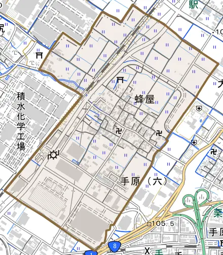 蜂屋とその周辺の地図。町の範囲を重ねている
