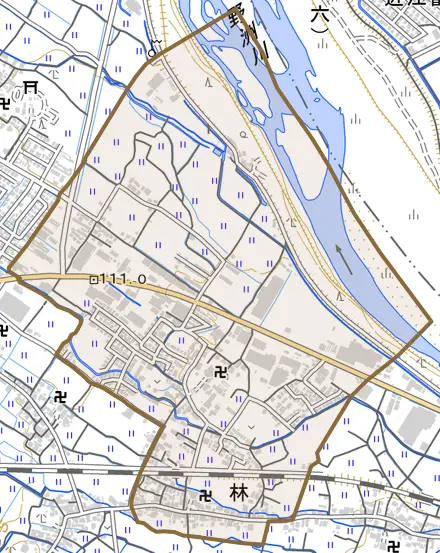 林とその周辺の地図。町の範囲を重ねている