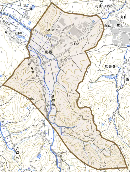 東坂とその周辺の地図。町の範囲を重ねている