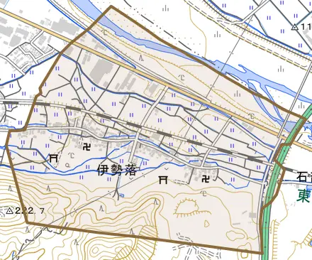 伊勢落とその周辺の地図。町の範囲を重ねている