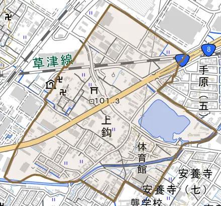 上鈎とその周辺の地図。町の範囲を重ねている