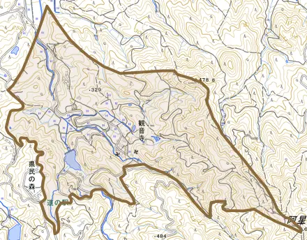 観音寺とその周辺の地図。町の範囲を重ねている