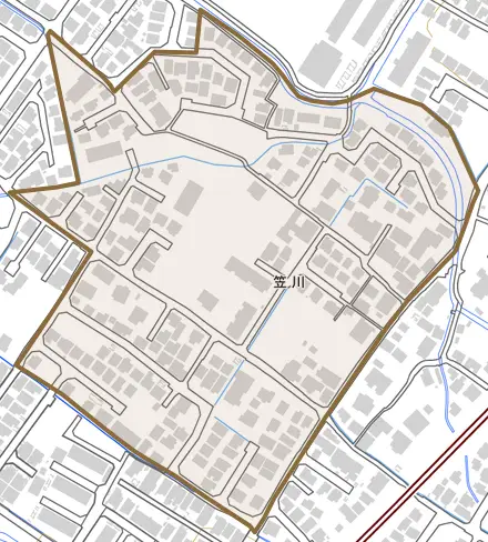 笠川とその周辺の地図。町の範囲を重ねている