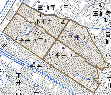 小平井とその周辺の地図。町の範囲を重ねている