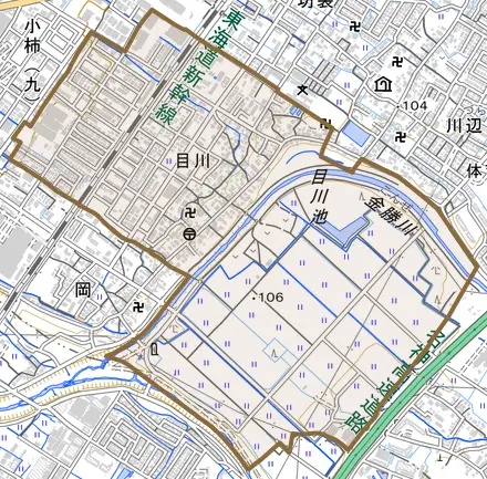 目川とその周辺の地図。町の範囲を重ねている