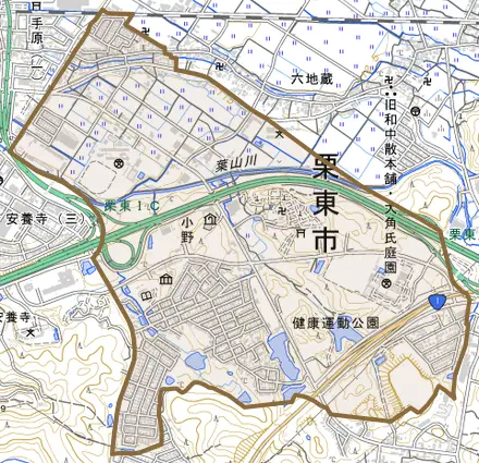 小野とその周辺の地図。町の範囲を重ねている