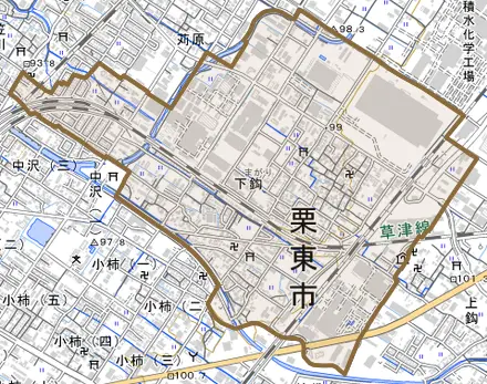 下鈎とその周辺の地図。町の範囲を重ねている