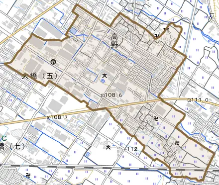 高野とその周辺の地図。町の範囲を重ねている