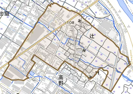 辻とその周辺の地図。町の範囲を重ねている