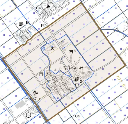 大字綾戸とその周辺の地図。町の範囲を重ねている
