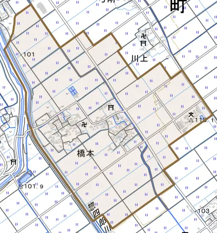 大字橋本とその周辺の地図。町の範囲を重ねている