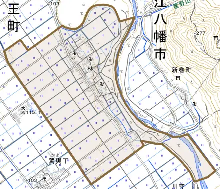 大字林とその周辺の地図。町の範囲を重ねている