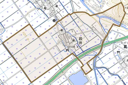 大字岩井とその周辺の地図。町の範囲を重ねている