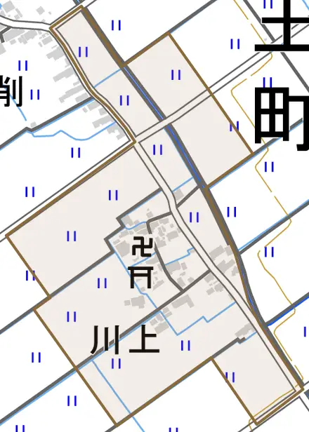 大字川上とその周辺の地図。町の範囲を重ねている