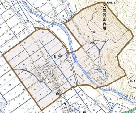 大字川守とその周辺の地図。町の範囲を重ねている