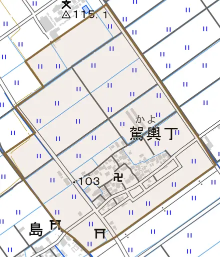 大字駕輿丁とその周辺の地図。町の範囲を重ねている