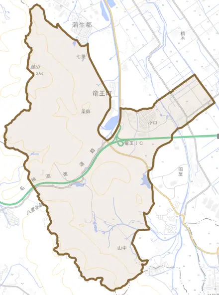 大字小口とその周辺の地図。町の範囲を重ねている