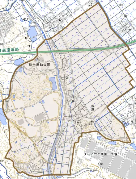 大字岡屋とその周辺の地図。町の範囲を重ねている