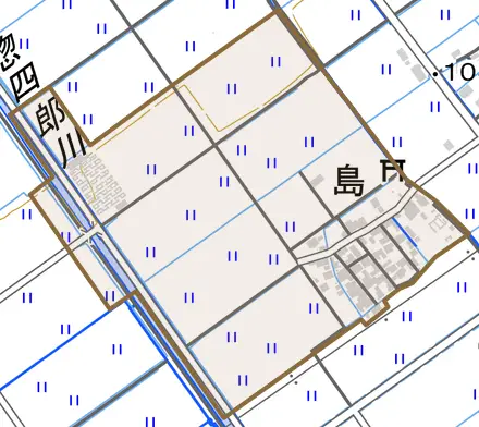 大字島とその周辺の地図。町の範囲を重ねている