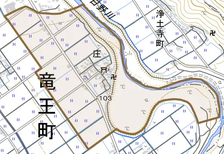 大字庄とその周辺の地図。町の範囲を重ねている