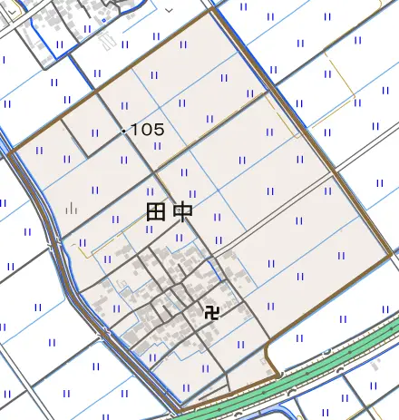 大字田中とその周辺の地図。町の範囲を重ねている
