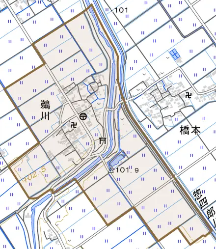 大字鵜川とその周辺の地図。町の範囲を重ねている