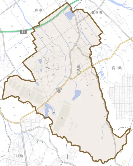 大字山之上とその周辺の地図。町の範囲を重ねている