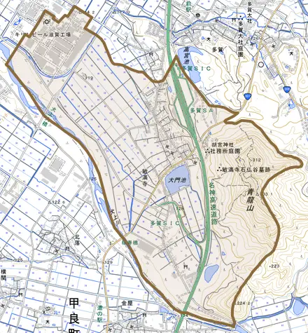 大字敏満寺とその周辺の地図。町の範囲を重ねている
