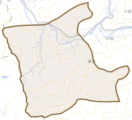 大字藤瀬とその周辺の地図。町の範囲を重ねている