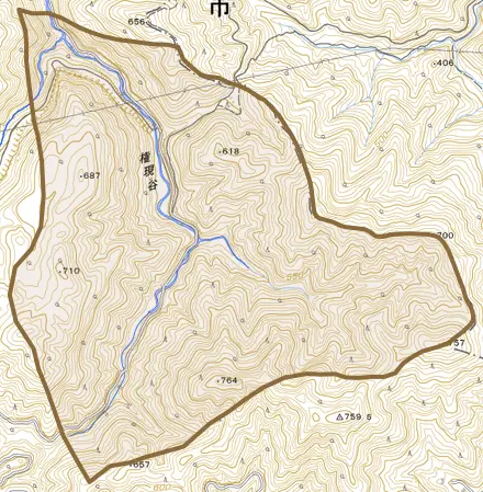 大字五僧とその周辺の地図。町の範囲を重ねている