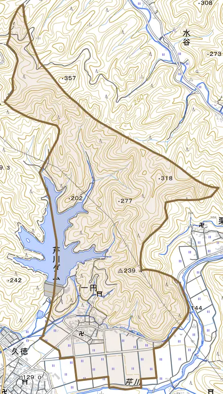 大字一円とその周辺の地図。町の範囲を重ねている