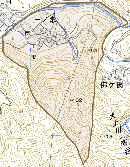 大字一ノ瀬とその周辺の地図。町の範囲を重ねている
