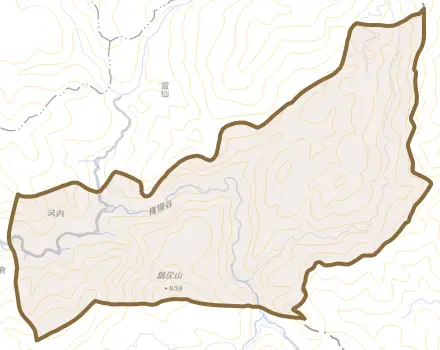 大字河内とその周辺の地図。町の範囲を重ねている