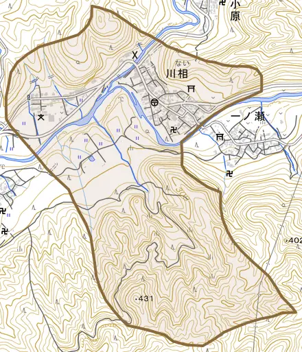 大字川相とその周辺の地図。町の範囲を重ねている