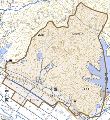大字木曽とその周辺の地図。町の範囲を重ねている