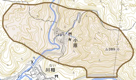 大字小原とその周辺の地図。町の範囲を重ねている