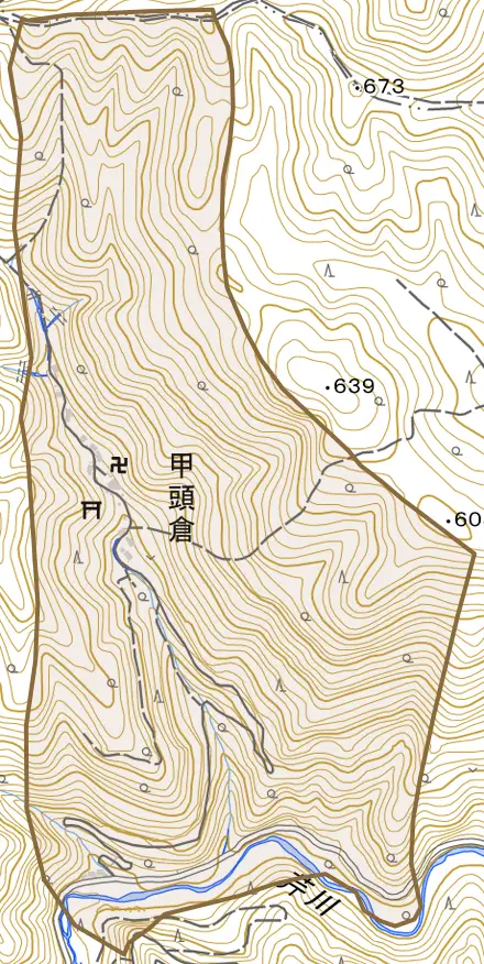 大字甲頭倉とその周辺の地図。町の範囲を重ねている