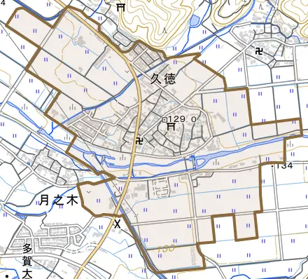 大字久徳とその周辺の地図。町の範囲を重ねている