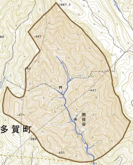 大字南後谷とその周辺の地図。町の範囲を重ねている
