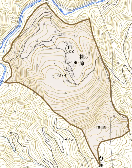大字桃原とその周辺の地図。町の範囲を重ねている