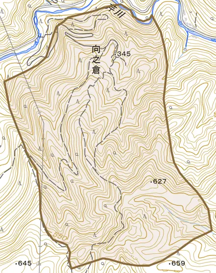 大字向之倉とその周辺の地図。町の範囲を重ねている