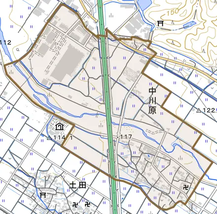 大字中川原とその周辺の地図。町の範囲を重ねている