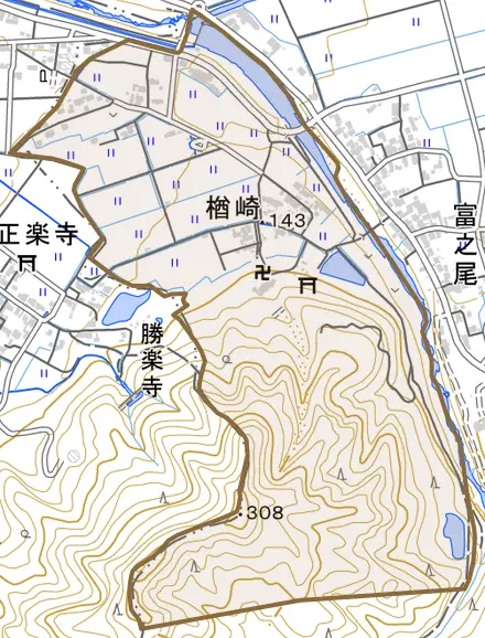 大字楢崎とその周辺の地図。町の範囲を重ねている