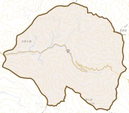 大字大君ケ畑とその周辺の地図。町の範囲を重ねている