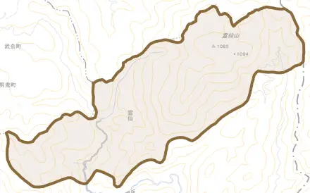 大字霊仙とその周辺の地図。町の範囲を重ねている