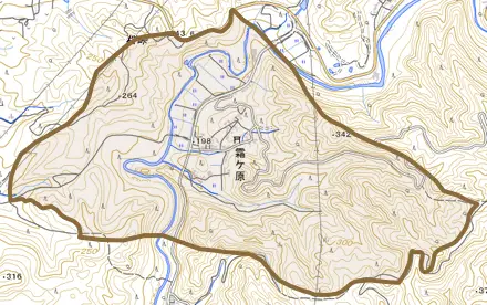 大字霜ケ原とその周辺の地図。町の範囲を重ねている
