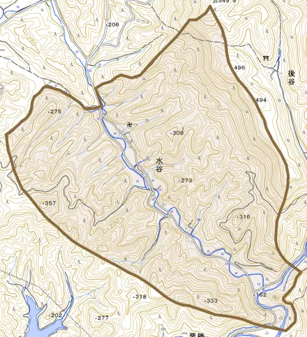 大字水谷とその周辺の地図。町の範囲を重ねている